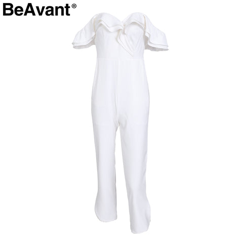 BeAvant Sexy backless off shoulder black jumpsuit women Tiered ruffle high waist jumpsuit romper Split casual overall femme