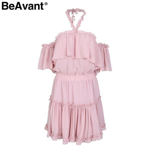 BeAvant Sexy halter off shoulder summer dress Ruffle backless mini dress women Casual chiffon short dress female vestidos