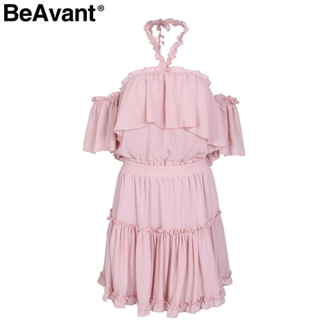 BeAvant Sexy halter off shoulder summer dress Ruffle backless mini dress women Casual chiffon short dress female vestidos