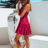 BeAvant Sexy strap ruffles short dress women Floral print beach dress 2022 Elegant bow red dress summer sundress vestidos