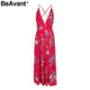 BeAvant Sexy v neck backless print jumpsuit women romper Halter lace up high waist jumpsuit Split wide leg summer jumpsuit