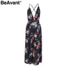 BeAvant Sexy v neck backless print jumpsuit women romper Halter lace up high waist jumpsuit Split wide leg summer jumpsuit