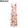 BeAvant Sexy v neck backless print jumpsuit women romper Halter lace up high waist jumpsuit Split wide leg summer jumpsuit
