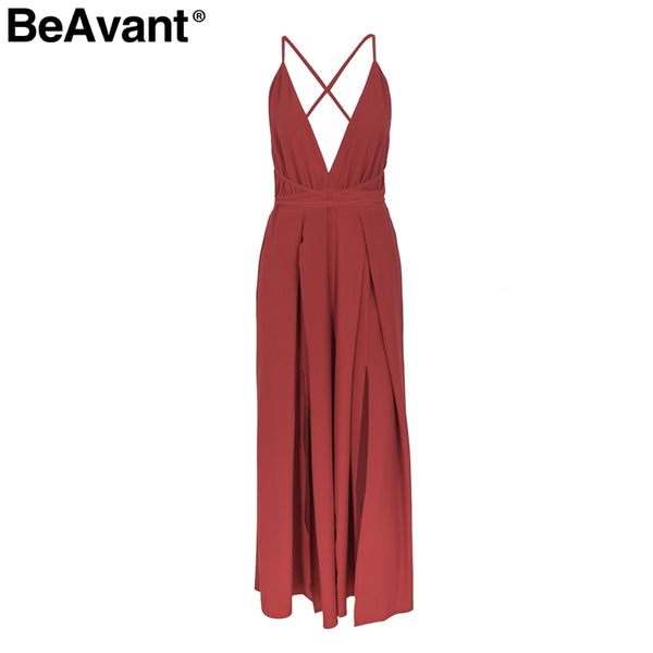 BeAvant Sexy v neck backless print jumpsuit women romper Halter lace up high waist jumpsuit Split wide leg summer jumpsuit