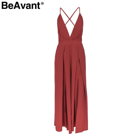 BeAvant Sexy v neck backless print jumpsuit women romper Halter lace up high waist jumpsuit Split wide leg summer jumpsuit