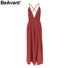 BeAvant Sexy v neck backless print jumpsuit women romper Halter lace up high waist jumpsuit Split wide leg summer jumpsuit
