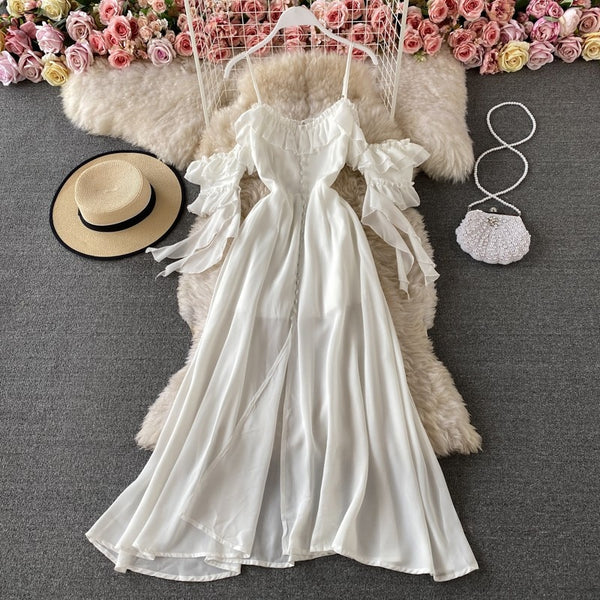Beach Dress White 2023 Summer Long Ins Elegant Ruffles Off Shoulder Backless Sling Female Vestidos Chiffon Dress Maxi