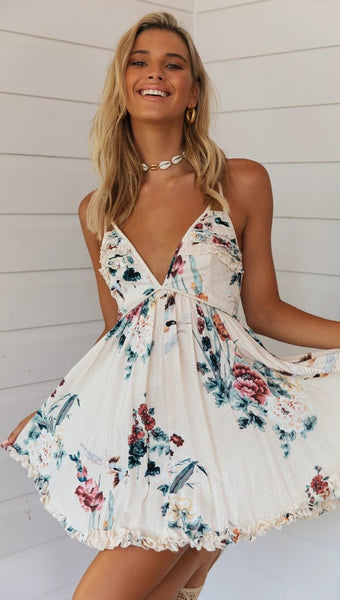Beach Holiday Women Dress Backless Floral Print Stylish Sleeveless Dress for Ladies Female Club Party Mini Dresses Streetwear
