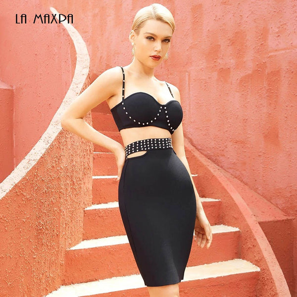 Beading Bandage 2 Two Pieces Sets Sexy Spaghetti Strap Tops& Skirts Hollow Out Black Club Party Sets Summer Women