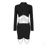 Beading Diamonds Black White Long Sleeve Blazers & Mini Jupe Casual Slim Sexy Club Women Two Pieces Skirts Set BD2135