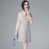 Beading Embroidery Mesh Stitching Tweed Wool Dress Spring Women Ruffled Long Sleeve Ribbon Bow Short Elegant Party Vestidos