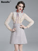 Beading Embroidery Mesh Stitching Tweed Wool Dress Spring Women Ruffled Long Sleeve Ribbon Bow Short Elegant Party Vestidos