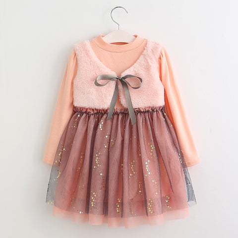 Girls Dress 2022 New Autumn Casual Style Cartoon Pink Long Sleeve Wool Bow Design For Princess Dress Girls Clothes