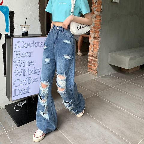 Beggar Ripped Jeans Fat MM High Waist Was Thin Modified Leg Type Hyuna Style Retro Popular Weirdo Pants