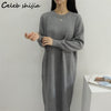 Beige Loose Wool Maxi Dress Woman Autumn 2022 O-Neck Elegant Knitted Bodycon Dress Female Korean Long Sweater Winter Clothing