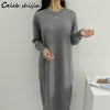 Beige Loose Wool Maxi Dress Woman Autumn 2022 O-Neck Elegant Knitted Bodycon Dress Female Korean Long Sweater Winter Clothing