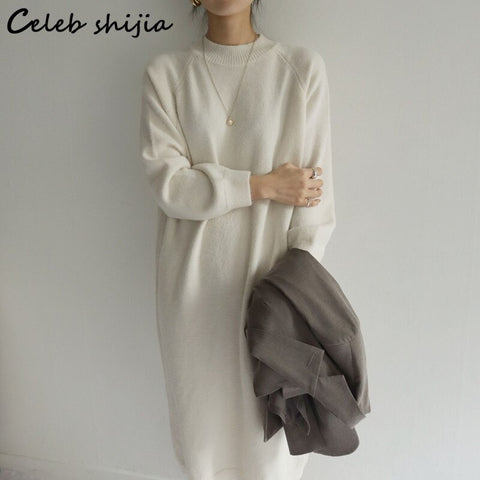 Beige Loose Wool Maxi Dress Woman Autumn 2022 O-Neck Elegant Knitted Bodycon Dress Female Korean Long Sweater Winter Clothing