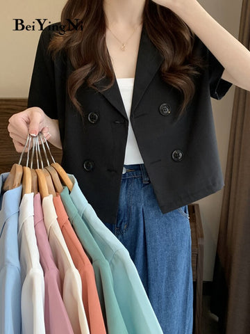 Beiyingni Summer Short Sleeve Thin Blazer Women Buttons Solid Color Casual Korean Crop Top Female Elegant Tops Ladies