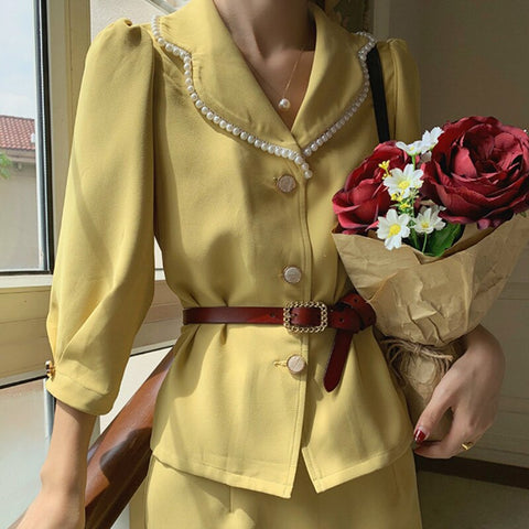 Bella 2023 French Style Vintage 2 Piece Sets Vintage Women Suit Pearl Notched Sashes Blazer+ Skirt Elegant Office Lady Chic Suit