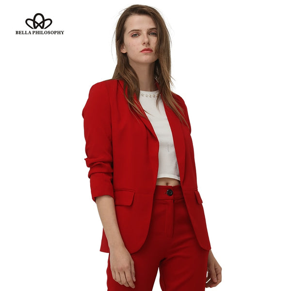 Bella Philosohy 2022 Spring Red Blazer Women OL Puff Sleeve Workwear Blazer Coat No Button Three Quarter Ladies Outwears
