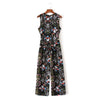spring summer new jumpsuit women's bird print O-neck sleeveless belt sashes ankle-length jumpsuits blue