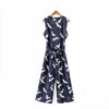 spring summer new jumpsuit women's bird print O-neck sleeveless belt sashes ankle-length jumpsuits blue