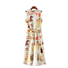 spring summer new jumpsuit women's bird print O-neck sleeveless belt sashes ankle-length jumpsuits blue