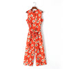 spring summer new jumpsuit women's bird print O-neck sleeveless belt sashes ankle-length jumpsuits blue