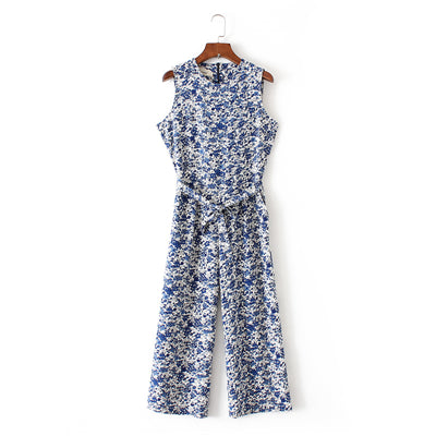 spring summer new jumpsuit women's bird print O-neck sleeveless belt sashes ankle-length jumpsuits blue