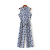 spring summer new jumpsuit women's bird print O-neck sleeveless belt sashes ankle-length jumpsuits blue