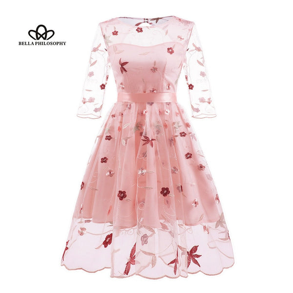 Bella Philosophy 2022 Autumn Sweet Lace Embroidery Dress Three Quarter Mid-Calf Polyester Print O-Neck Lanon Mesh Three Layers