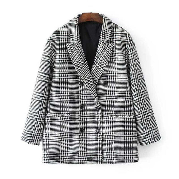 Spring Plaid Check Houndstooth Women Casual Outwear  Double Breasted  workwear Blazer female  Coat
