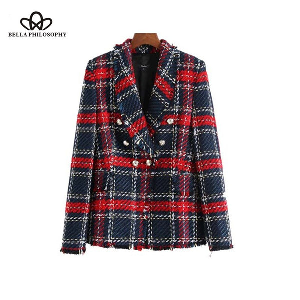 Bella Philosophy 2022 Spring Long Sleeve Plaid Tweed Women Blazer Pockets Fringe Tassel Coat Buttons Decoration Casual Outerwear