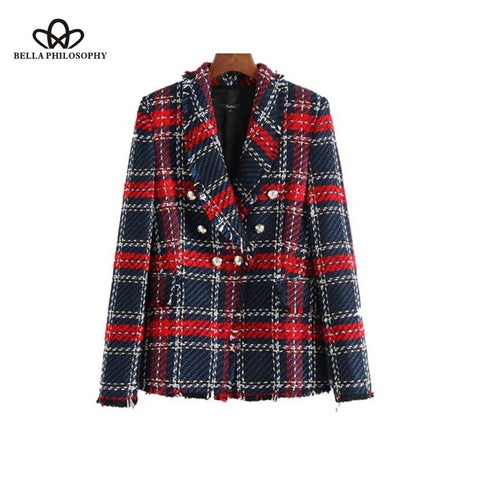 Bella Philosophy 2022 Spring Long Sleeve Plaid Tweed Women Blazer Pockets Fringe Tassel Coat Buttons Decoration Casual Outerwear