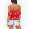 Bella Philosophy 2023 summer sexy red spaghetti strap floral print blouse v neck ruffles short blusas backless casual shirts