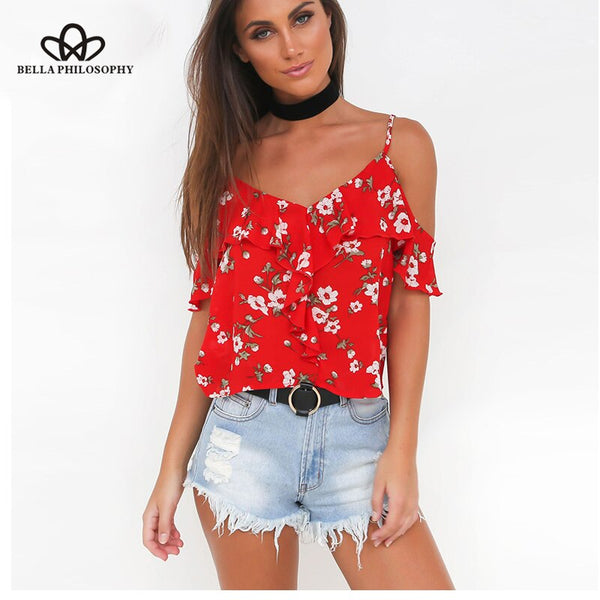 Bella Philosophy 2023 summer sexy red spaghetti strap floral print blouse v neck ruffles short blusas backless casual shirts
