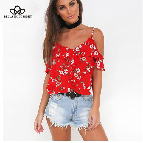 Bella Philosophy 2023 summer sexy red spaghetti strap floral print blouse v neck ruffles short blusas backless casual shirts