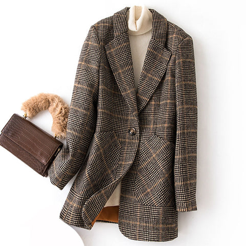 Bella Philosophy Autumn Winter Vintage Women Plaid Suit Woolen Jacket Ladies Slim Casual Wool Blazer Single Breastered Coat