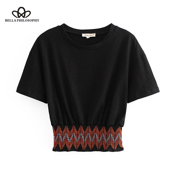 Bella Philosophy Embroidery Patchwork Short Tops Women Blouses 2023 O Neck Short Sleeve Ladies Shirts Casual Blusas Mujer