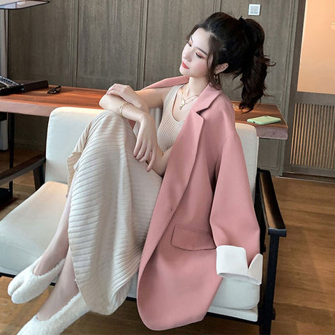 Bella Philosophy Spring Blazer Women Casual korean Jacket Women Work Office Button Blazer feminino plus size Pink Blazer