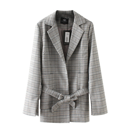 Spring Women Vintage Jacket Long Split Sleeve Bow Sashes Female Plaid Blazer Loose Jacket Office Lady Feminino