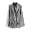 Spring Women Vintage Jacket Long Split Sleeve Bow Sashes Female Plaid Blazer Loose Jacket Office Lady Feminino