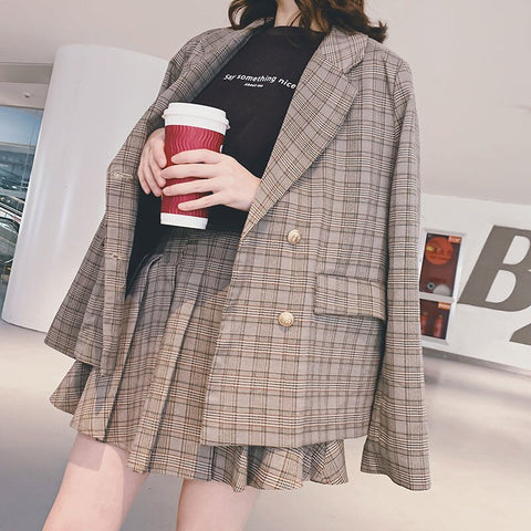 Bella philosophy Retro Plaid Women Two Piece Set Double Breasted Long Sleeve Blazer Elastic Waist Pleated Skirts Suit
