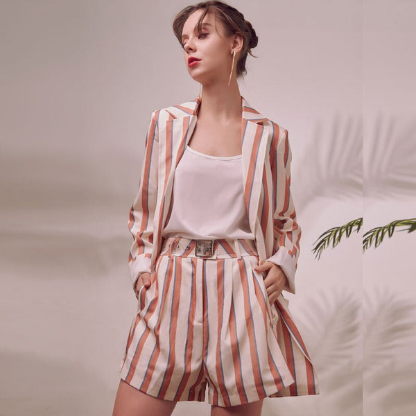 Bella philosophy women autumn stripe single button blazer office lady high shorts suit two piece set