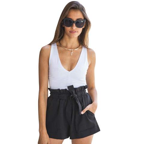 Belt Ruffle Waist Women Summer Shorts High Waist Loose Botto Boho Shorts Black Khaki Summer Beach Casual Party Shorts