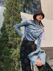 Beludru Dicetak Tinggi Leher Lengan Panjang Kemeja Slim Top Wanita Retro Elegan 2023 Wanita Baru Blus