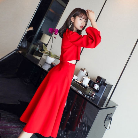 Benmingnian Red Suit Women Spring and Autumn 2023 Korean Style Goddess Dress Solid Casual Two Piece Dress Set Female