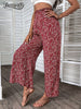 Benuynffy Holiday Ditsy Floral Print Wide Leg Pants Women Summer High Elastic Waist Boho Casual Split Trousers For Women
