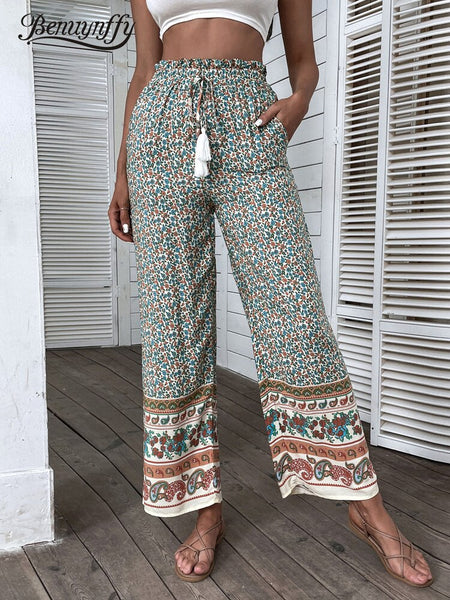 Benuynffy Paisley And Floral Print Tassel Tie Wide Leg Pants Holiday Bohemian Pockets Women Summer Elastic Waist Bottoms