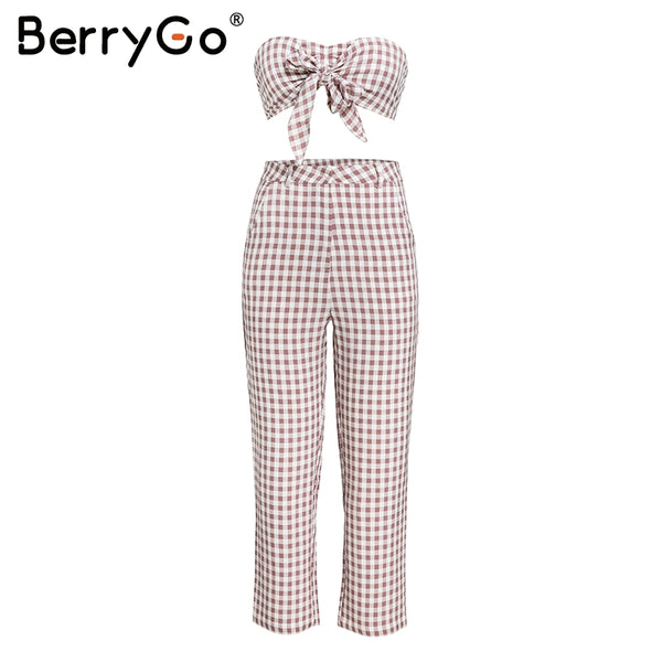 Two piece set jumpsuit macacao Vintage plaid bow crop top jumpsuit romper Casual high waist summer playsuit overall